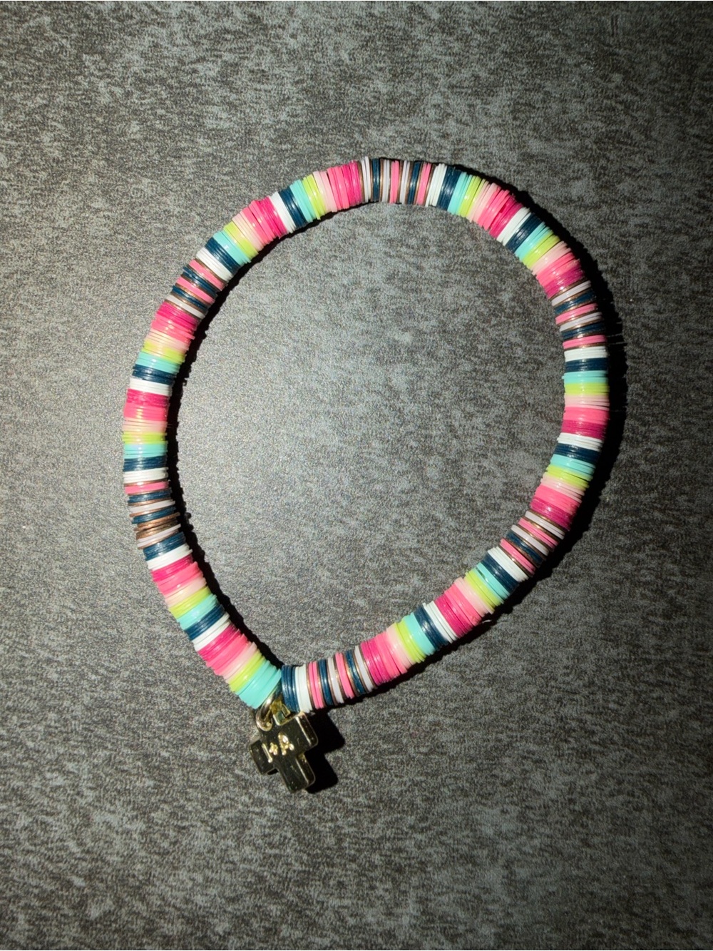 Pink Multicolor Beaded Bracelet with Gold Cross Charm